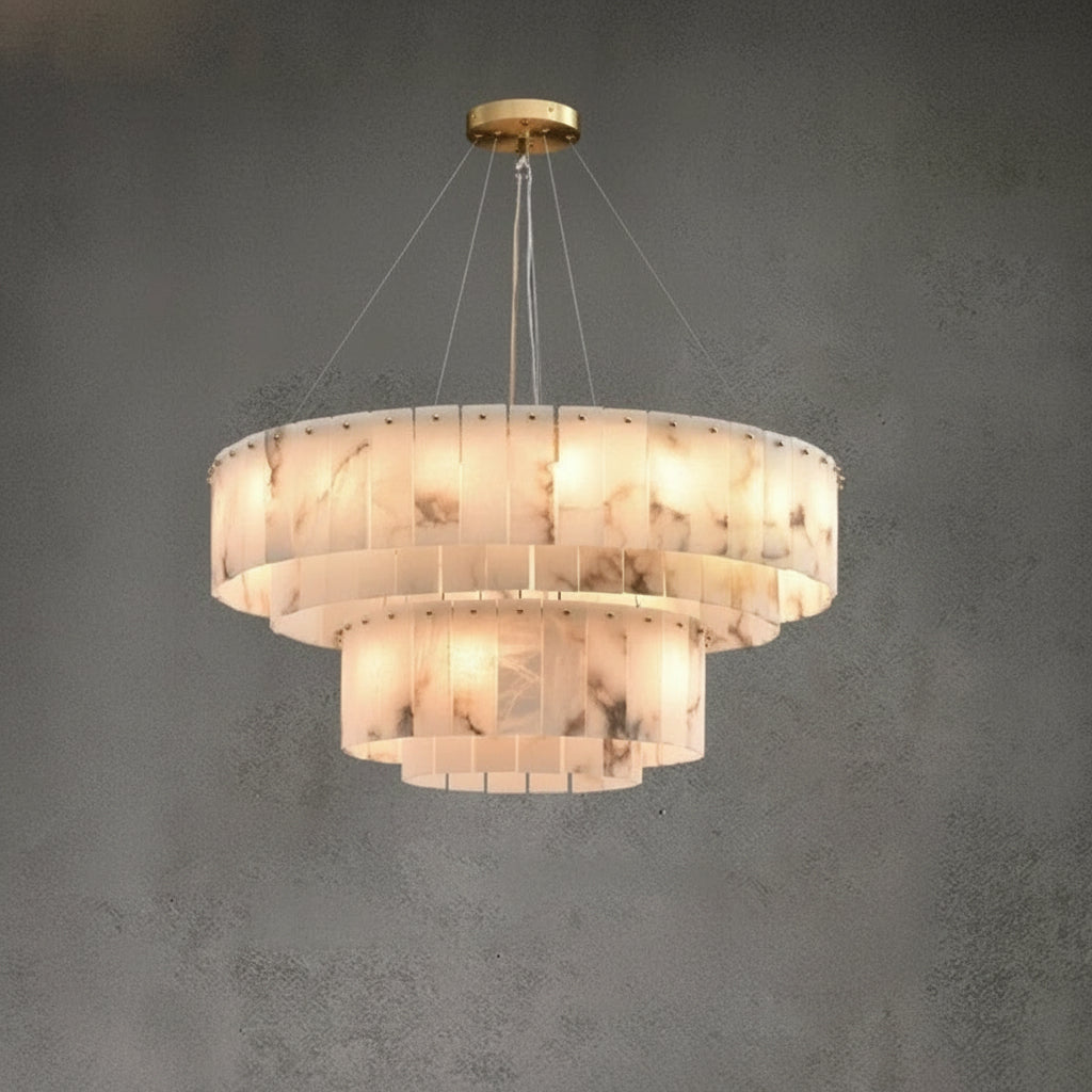Circular Alabaster Stone Chandelier with Dual-Tier Illumination & Metal Framework | Thomler