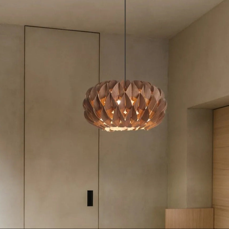 Drum Pendant Light with Natural Wood Slat Shade for Dining Room & Living Space | Thomler