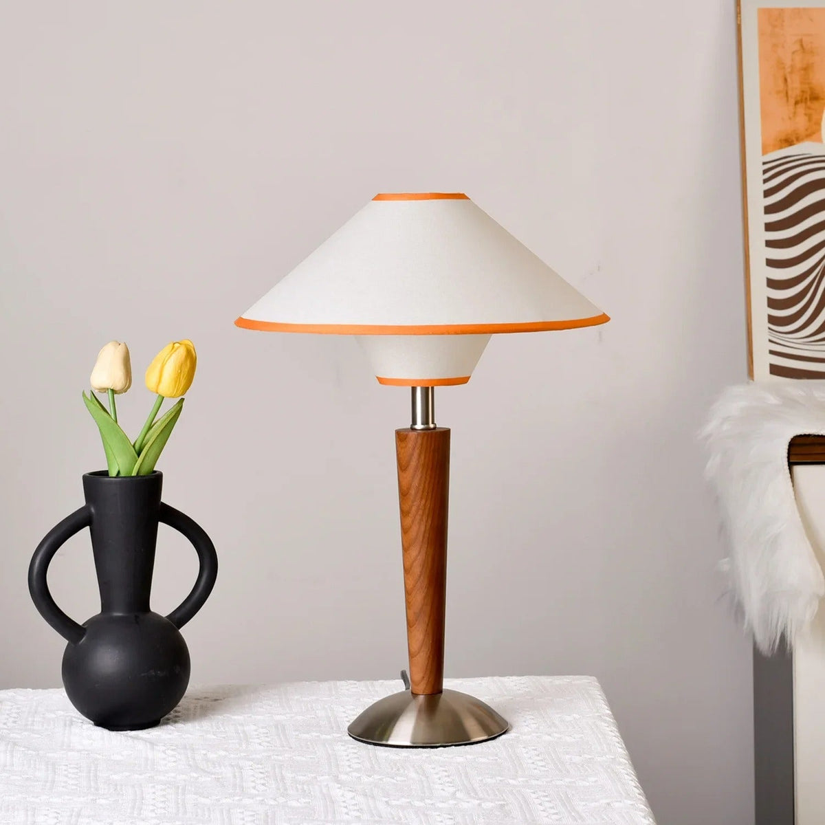 Retro Tapered Shade Desk Lamp with Wood Base & Fabric Cone | Thomler