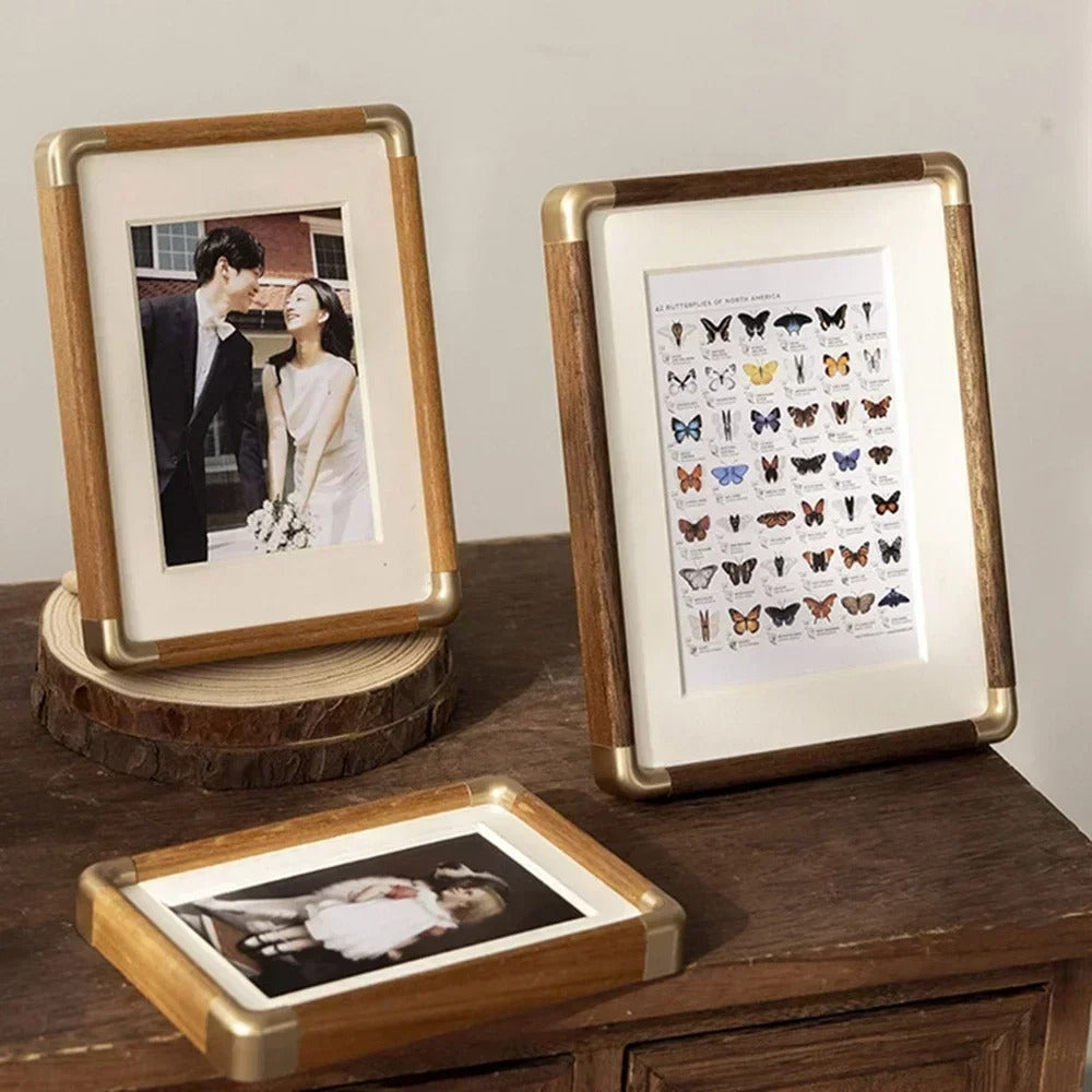 Tabletop Picture Frame with Brass Corner Accents – Real Wood Photo Display for Desk, Shelf & Nightstand – Classic Farmhouse Home Decor | Thomler