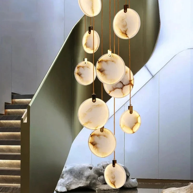 Spiral Alabaster Disc Pendant Chandelier with LED – Rotating Multi-Tier Statement Light for High Ceilings, Foyers & Staircases | Thomler