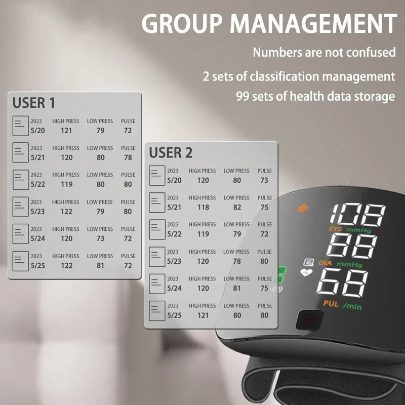 Rechargeable Wrist Blood Pressure Cuff with Voice Readout & LCD Display for Home Health Tracking | Thomler