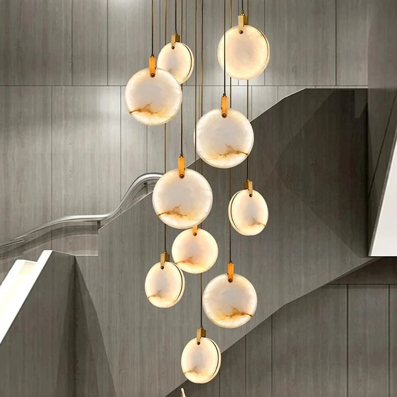Spiral Alabaster Disc Pendant Chandelier with LED – Rotating Multi-Tier Statement Light for High Ceilings, Foyers & Staircases | Thomler