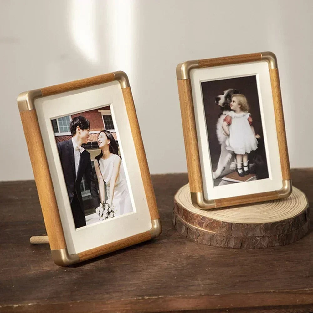 Tabletop Picture Frame with Brass Corner Accents – Real Wood Photo Display for Desk, Shelf & Nightstand – Classic Farmhouse Home Decor | Thomler