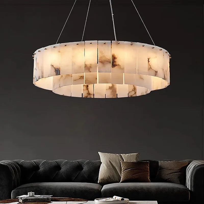 Circular Alabaster Stone Chandelier with Dual-Tier Illumination & Metal Framework | Thomler