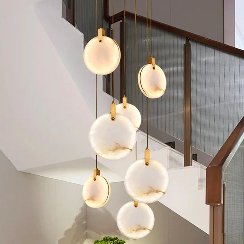 Spiral Alabaster Disc Pendant Chandelier with LED – Rotating Multi-Tier Statement Light for High Ceilings, Foyers & Staircases | Thomler