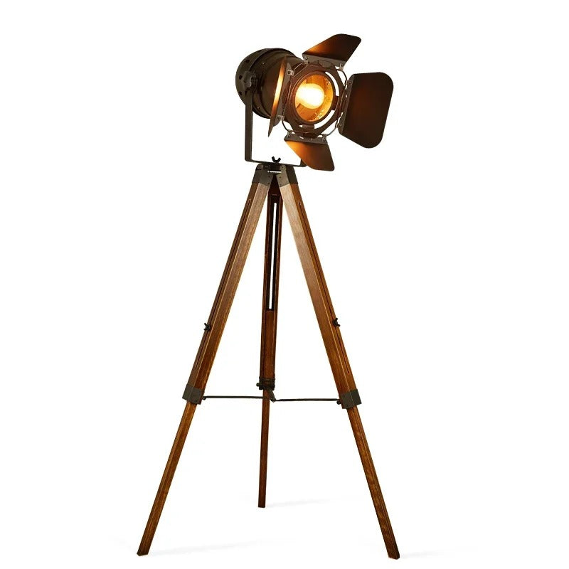 Adjustable Industrial Tripod Standing Lamp with Wood Legs & Metal Shade for Living Room | Thomler