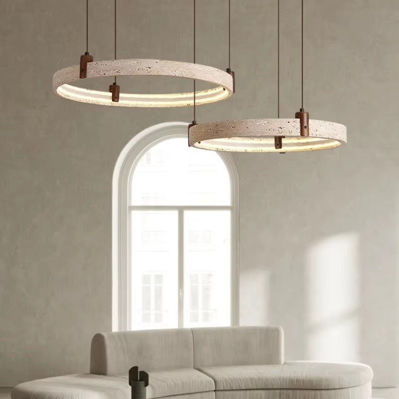 Circular Stone Pendant Light with Ambient Glow – Natural Travertine Ceiling Fixture for Modern Dining Rooms | Thomler