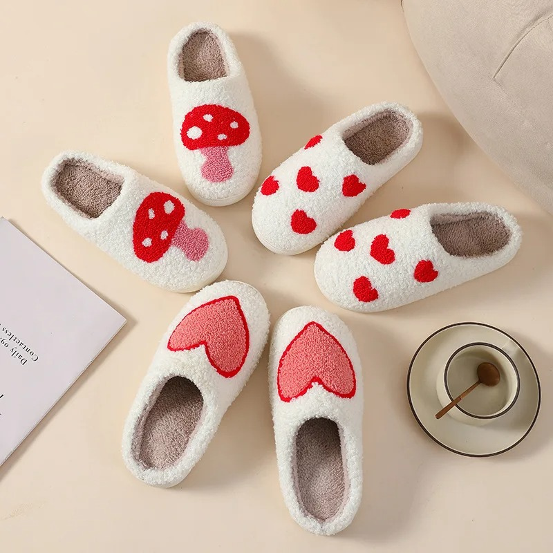 Plush Memory Foam Slippers for Women - Heart & Mushroom Design - Indoor Outdoor House Shoes with Cushioned Footbed | Thomler