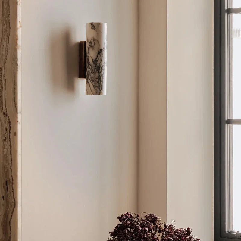 Wall Light Marble Cylinder 9.4 in Warm White Bedroom Hallway Modern Brass Stone Sconce Minimalist Interior Fixture | Thomler