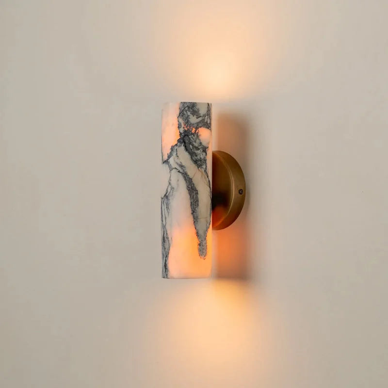 Wall Light Marble Cylinder 9.4 in Warm White Bedroom Hallway Modern Brass Stone Sconce Minimalist Interior Fixture | Thomler