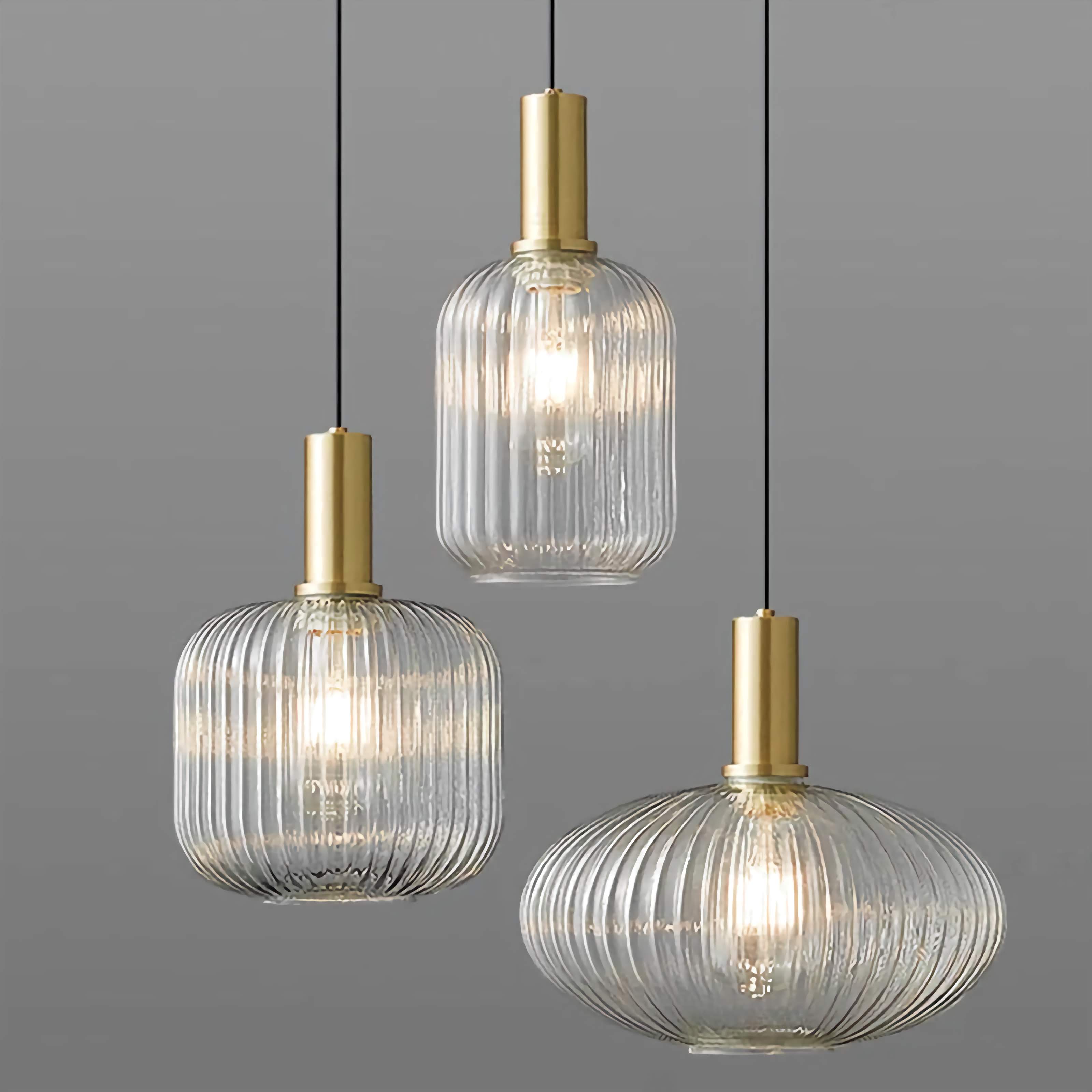 Pendant Light Glass 11.8 in Gold Transparent Dining Room Kitchen Island Hanging Ceiling Lamp Modern Ribbed Shade | Thomler
