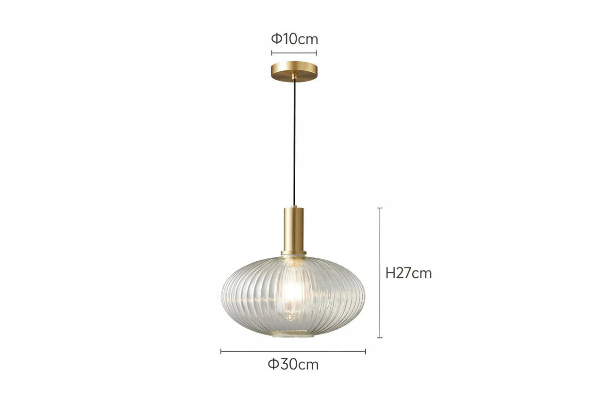 Pendant Light Glass 11.8 in Gold Transparent Dining Room Kitchen Island Hanging Ceiling Lamp Modern Ribbed Shade | Thomler