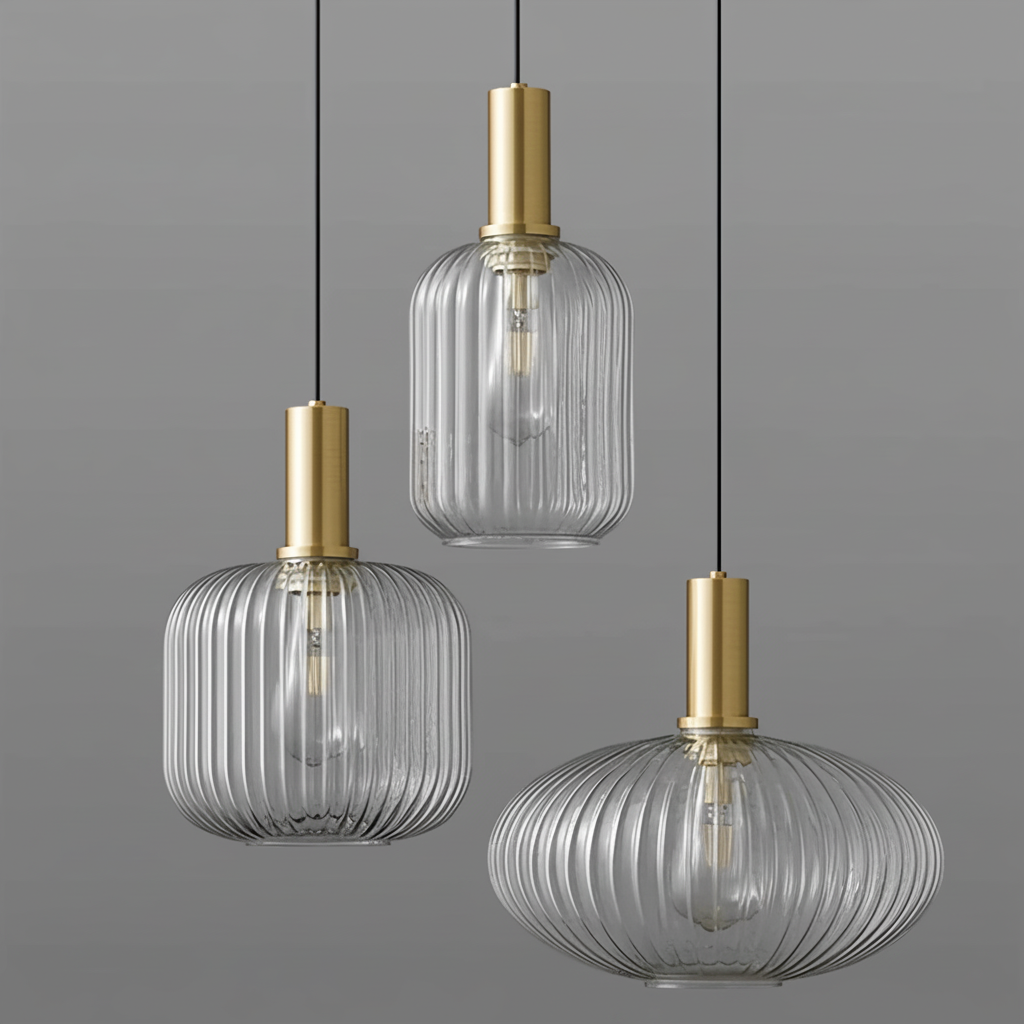 Pendant Light Glass 11.8 in Gold Transparent Dining Room Kitchen Island Hanging Ceiling Lamp Modern Ribbed Shade | Thomler