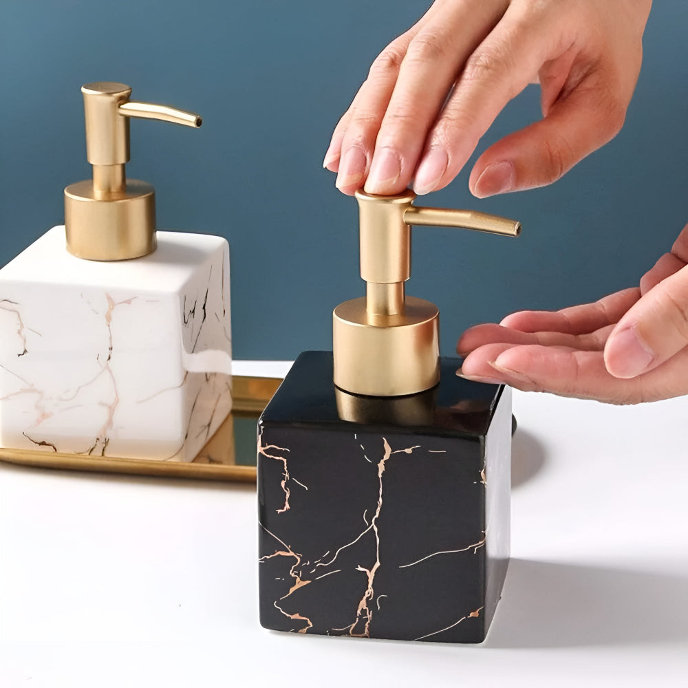 Ceramic Liquid Soap Pump Dispenser with Gold Pump for Countertop – Marble-Look Lotion Bottle for Vanity, Sink & Kitchen Counters | Thomler