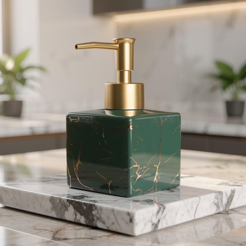 Ceramic Liquid Soap Pump Dispenser with Gold Pump for Countertop – Marble-Look Lotion Bottle for Vanity, Sink & Kitchen Counters | Thomler