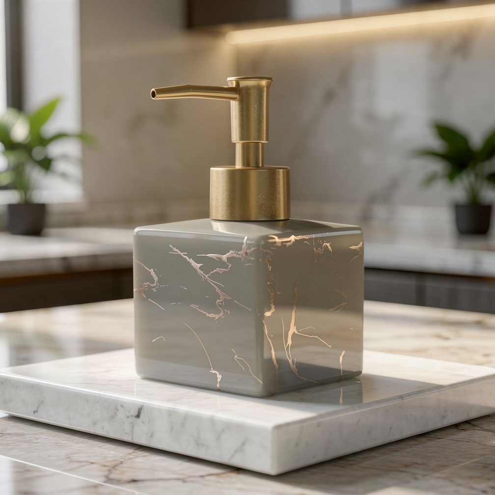 Ceramic Liquid Soap Pump Dispenser with Gold Pump for Countertop – Marble-Look Lotion Bottle for Vanity, Sink & Kitchen Counters | Thomler