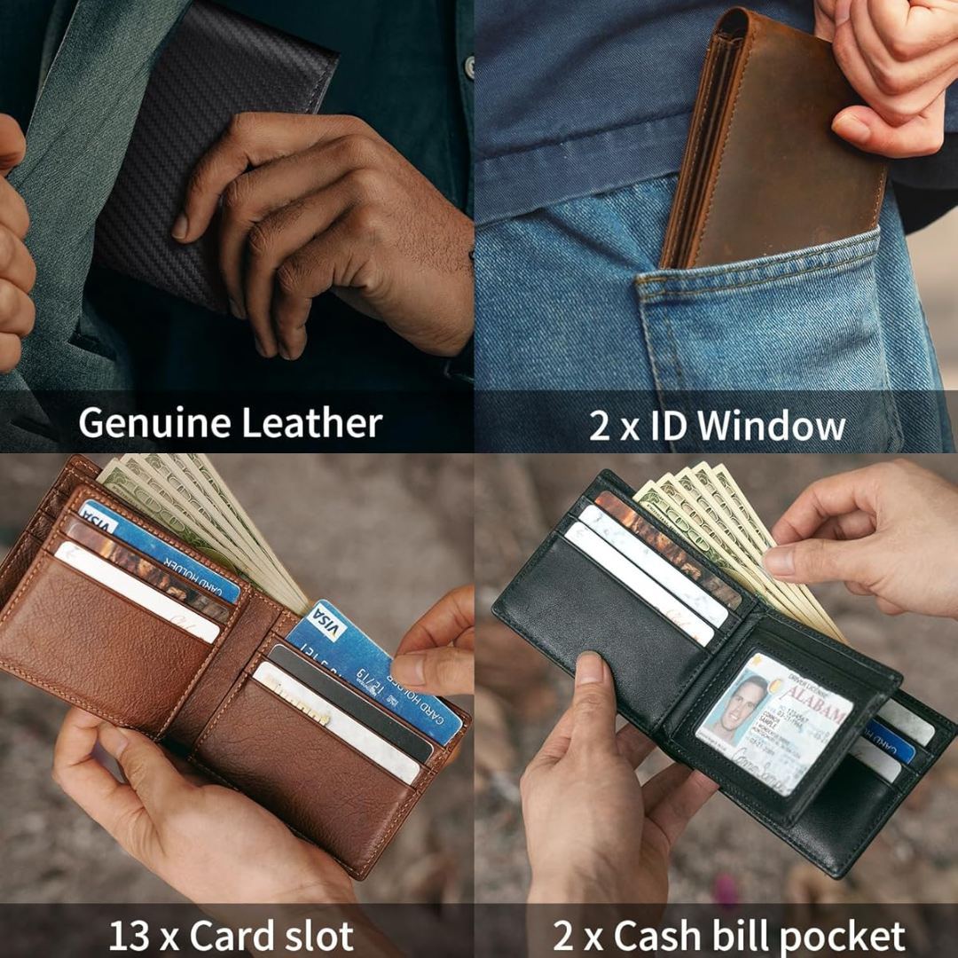 Men's Bifold Leather Wallet with RFID Protection – Slim Card Holder with ID Window for Everyday Carry & Travel Security | Thomler