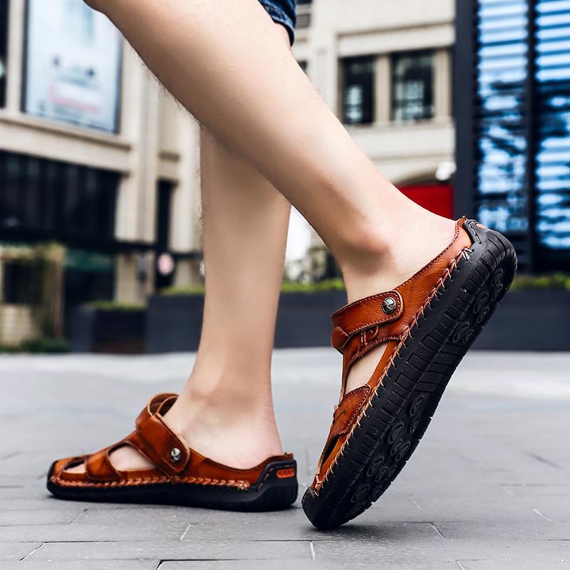 Men's Open-Toe Leather Sandals – Handcrafted, Rubber Sole, Round Toe for Summer Travel & Casual Wear – Sizes US 6.5-13 | Thomler
