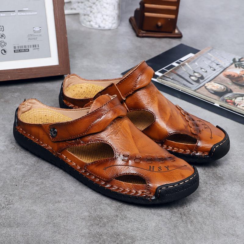 Men's Open-Toe Leather Sandals – Handcrafted, Rubber Sole, Round Toe for Summer Travel & Casual Wear – Sizes US 6.5-13 | Thomler