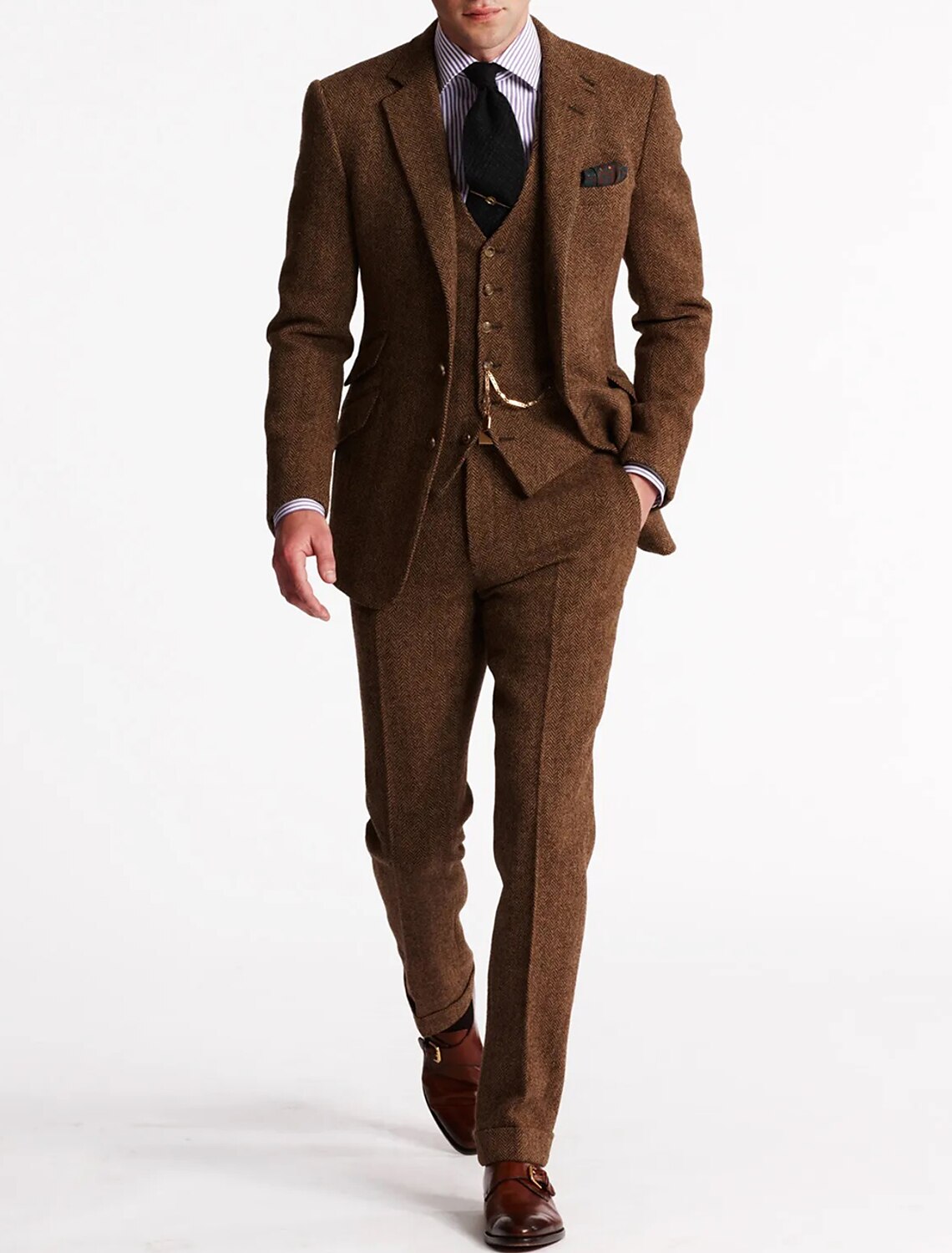 Men's Herringbone Wool-Blend Suit – Tailored 3-Piece Jacket Vest Pants Set for Weddings & Formal Occasions | Thomler
