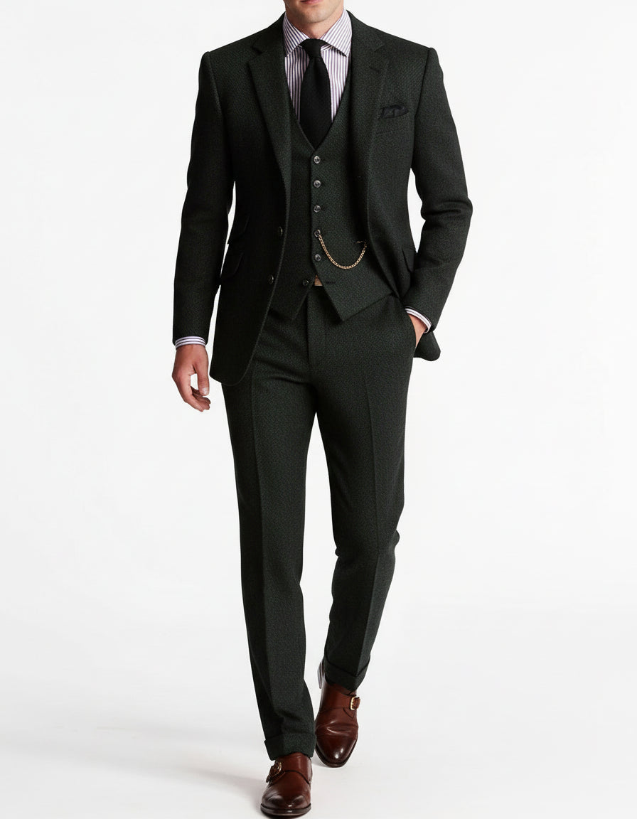 Men's Herringbone Wool-Blend Suit – Tailored 3-Piece Jacket Vest Pants Set for Weddings & Formal Occasions | Thomler
