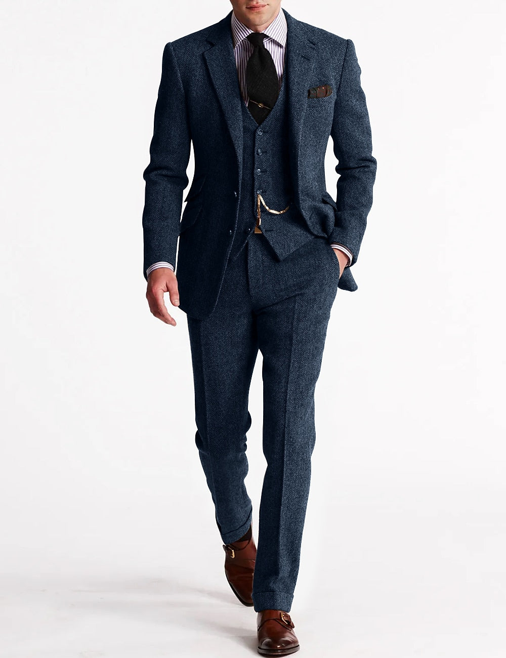 Men's Herringbone Wool-Blend Suit – Tailored 3-Piece Jacket Vest Pants Set for Weddings & Formal Occasions | Thomler