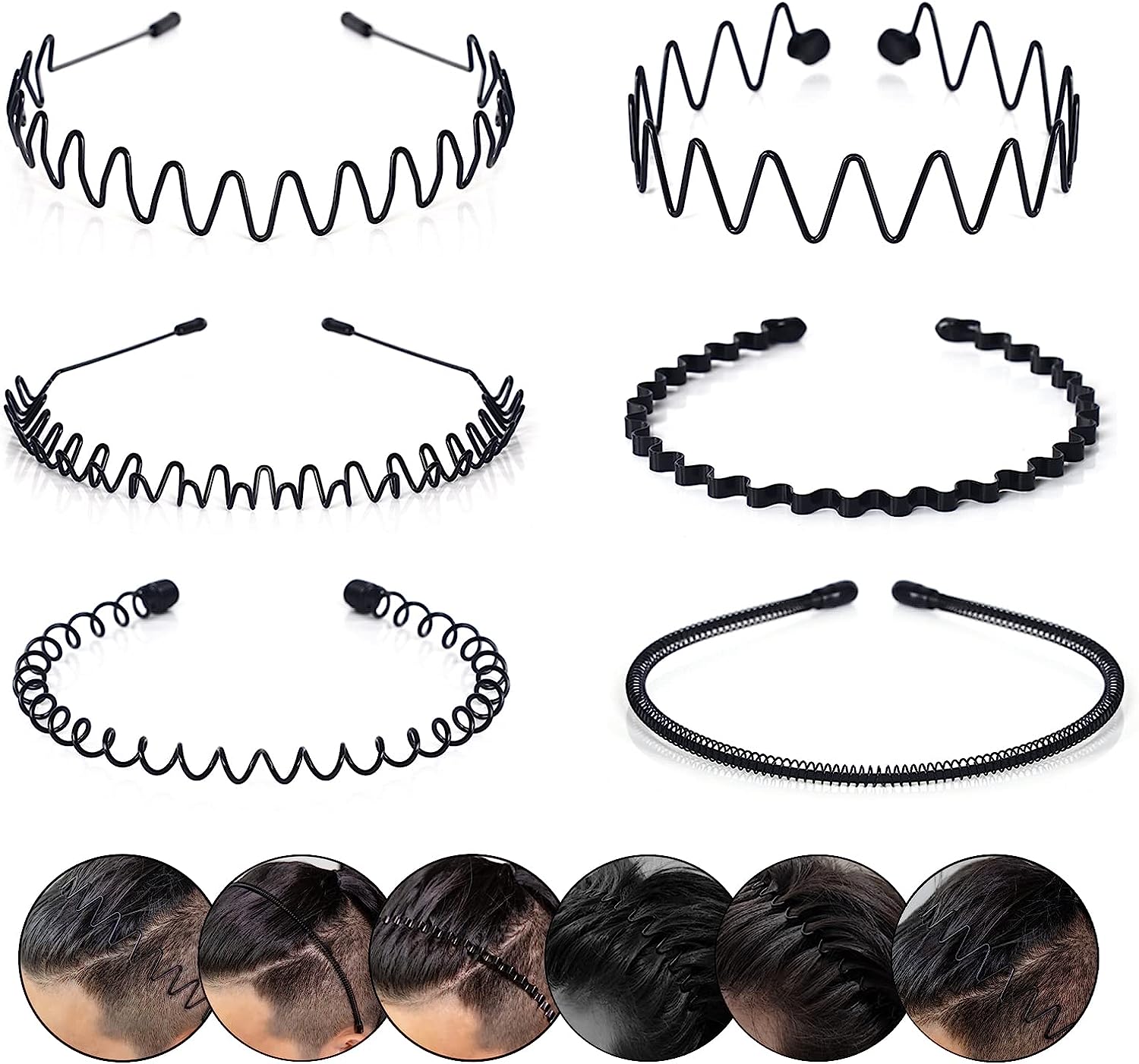 Metal Hair Bands for Men – Wave, Spiral, Circle, Zigzag Designs – Non-Slip, One Size Fits All – Pack of 6 | Thomler