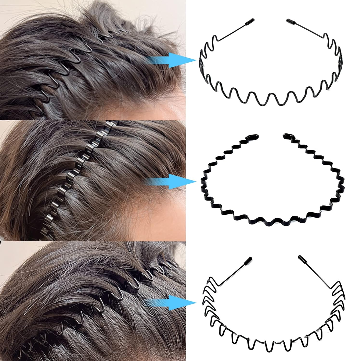 Metal Hair Bands for Men – Wave, Spiral, Circle, Zigzag Designs – Non-Slip, One Size Fits All – Pack of 6 | Thomler