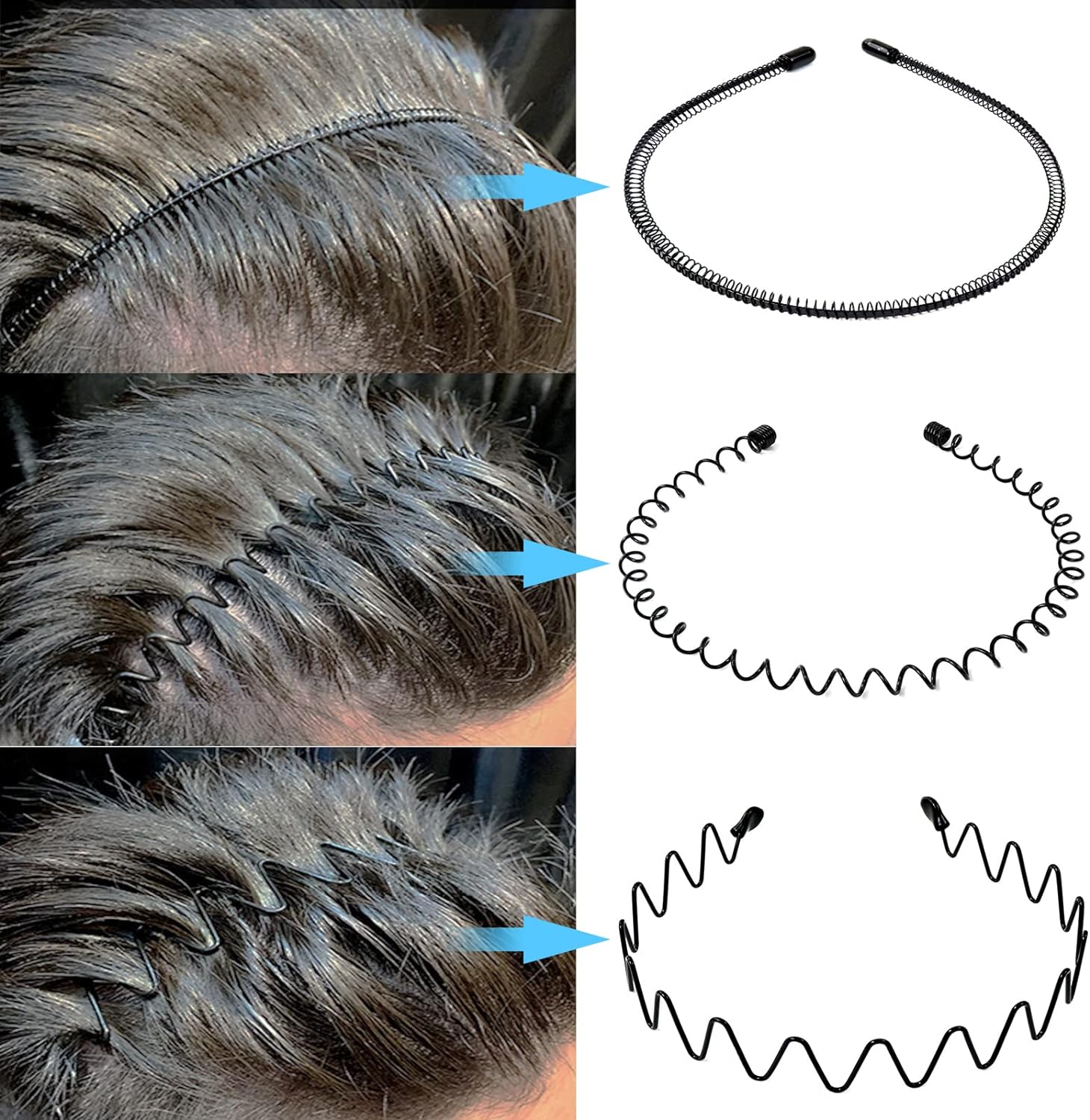 Metal Hair Bands for Men – Wave, Spiral, Circle, Zigzag Designs – Non-Slip, One Size Fits All – Pack of 6 | Thomler