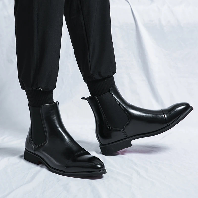 Ankle Boots for Men | Elastic-Side Pull-On Design with Toe Cap | Dress Casual Footwear for Work Office & Evening | Leather-Look Finish | Thomler
