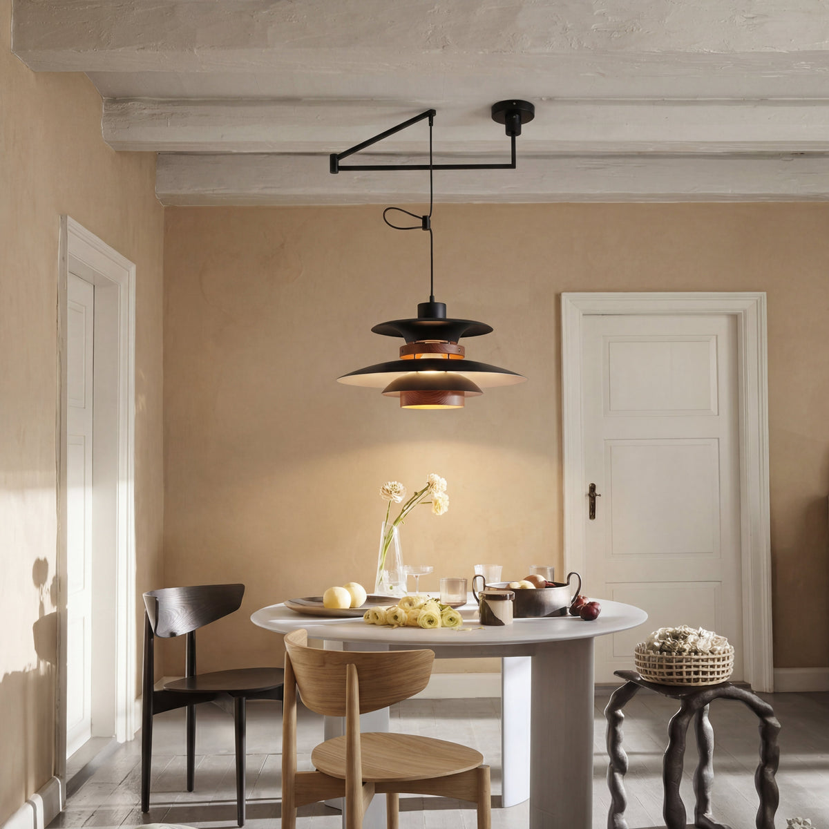 Adjustable Swing Arm Pendant Light with Wood Accents for Dining Room & Kitchen Island | Thomler