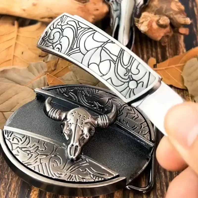 Western Metal Belt Buckle with Hidden EDC Tool | Interchangeable Oval Designs for Men & Women | Fits 1.5 Inch Belts | Rodeo Ranch Country | Thomler