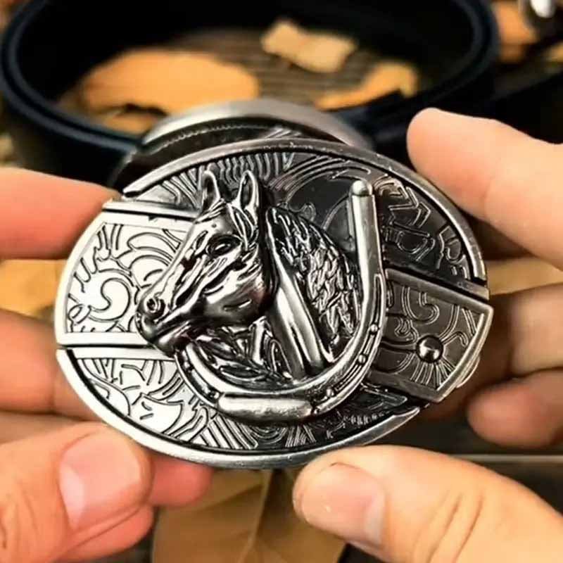 Western Metal Belt Buckle with Hidden EDC Tool | Interchangeable Oval Designs for Men & Women | Fits 1.5 Inch Belts | Rodeo Ranch Country | Thomler