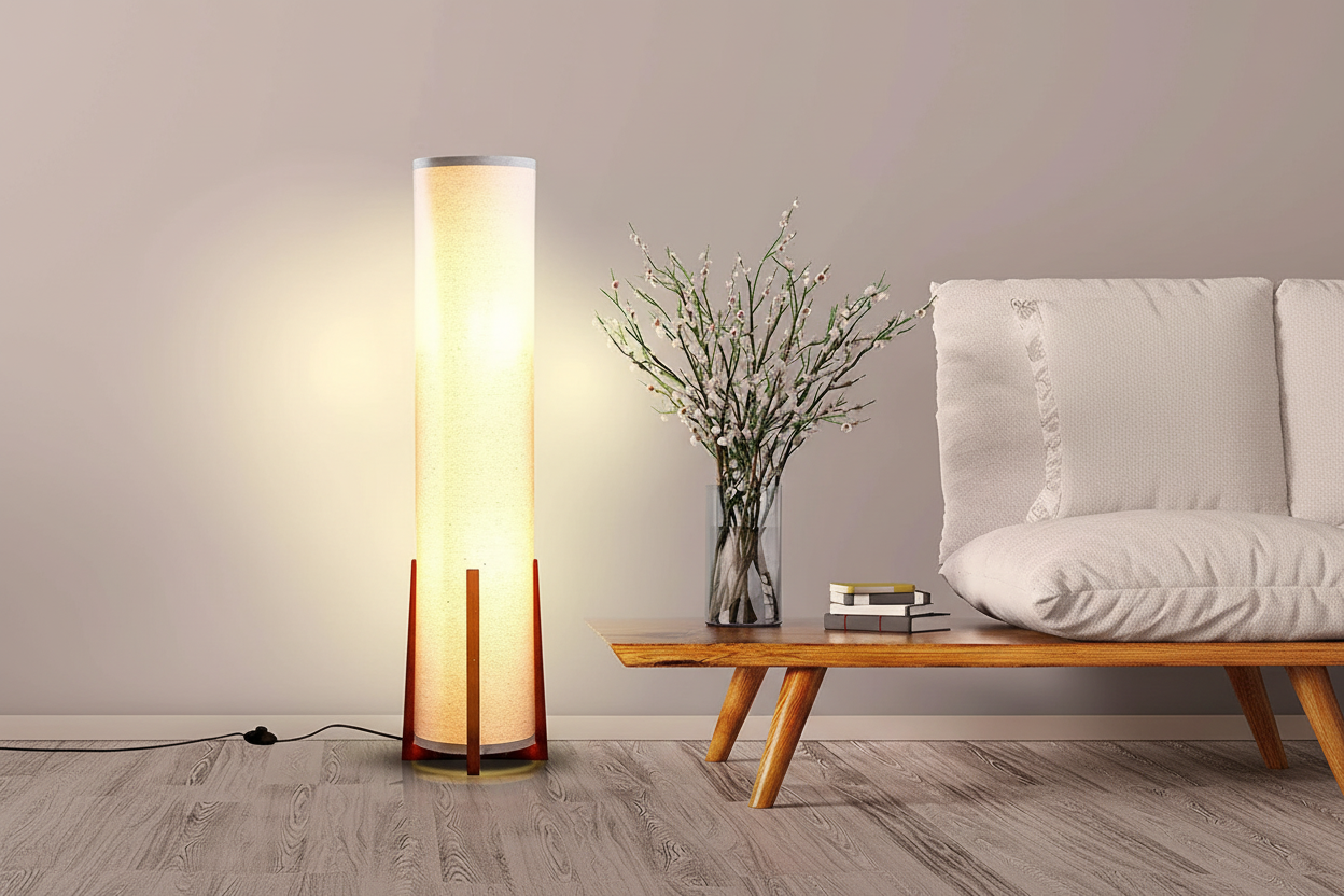 Floor Lamp Wood Fabric Shade 47.2 in Walnut Living Room Bedroom Japandi Minimalist Lighting Tall Standing Light | Thomler