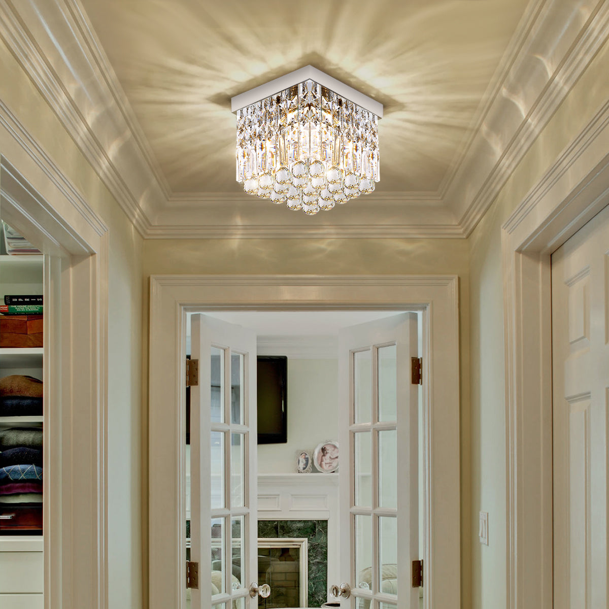 Compact Crystal Ceiling Light Chrome Finish Flush Mount Square Design for Hallway Bedroom Kitchen Entry | Thomler