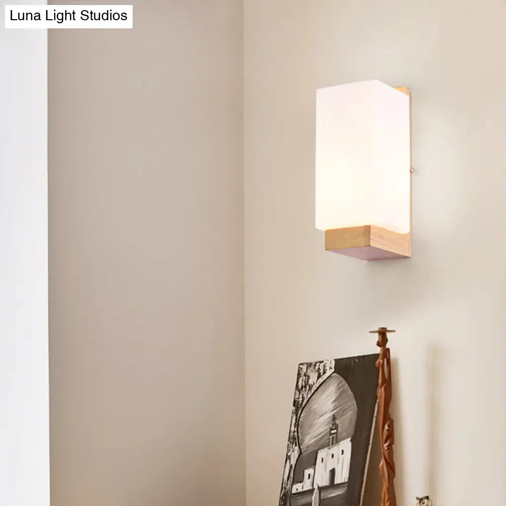 Wood & Cream Glass Wall Sconce for Stairway, Geometric Single-Light Fixture, E26 Base, Flush-Mount Design for Hallway & Bedroom Lighting | Thomler