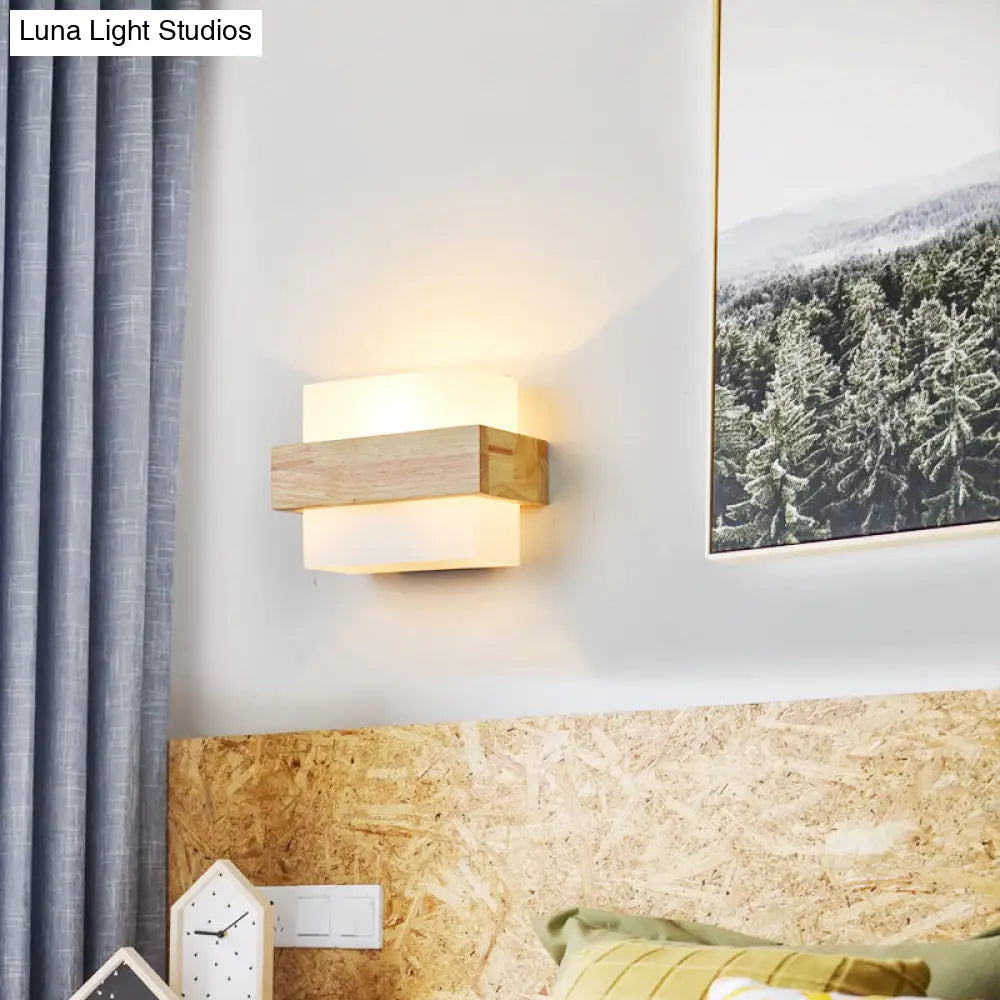 Wood & Cream Glass Wall Sconce for Stairway, Geometric Single-Light Fixture, E26 Base, Flush-Mount Design for Hallway & Bedroom Lighting | Thomler