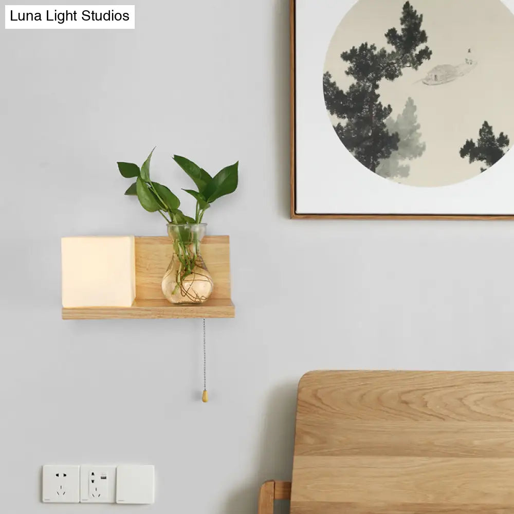 Wood & Cream Glass Wall Sconce for Stairway, Geometric Single-Light Fixture, E26 Base, Flush-Mount Design for Hallway & Bedroom Lighting | Thomler