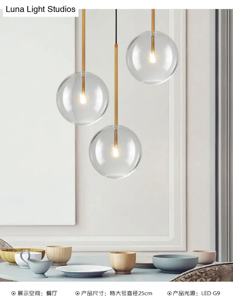 Clear Glass Globe Pendant Light with Gold Finish for Kitchen Island Dining Room Bedroom | Modern Hanging Ceiling Fixture | Thomler