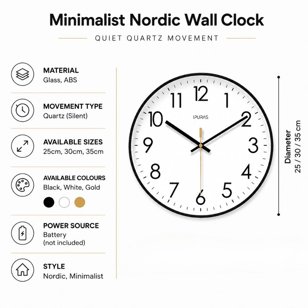 Silent Wall Clock with Glass Face – Modern Scandinavian Design for Home & Office – 10, 12 or 14 Inch | Thomler