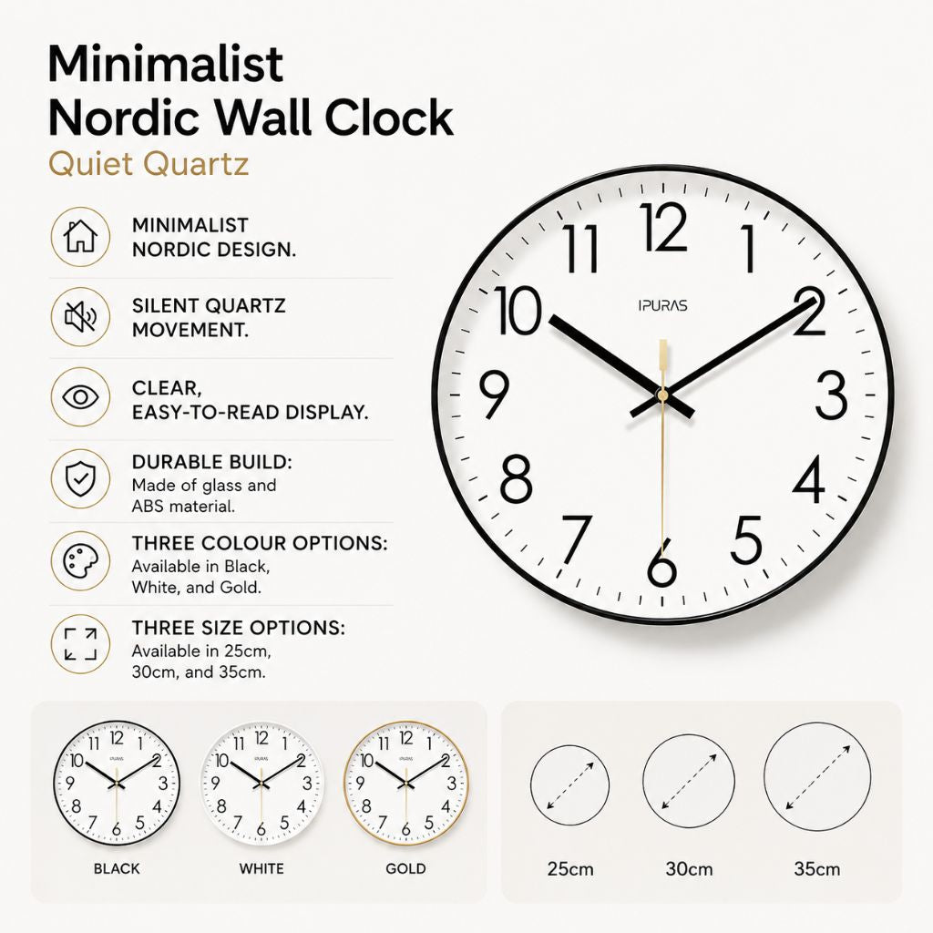 Silent Wall Clock with Glass Face – Modern Scandinavian Design for Home & Office – 10, 12 or 14 Inch | Thomler