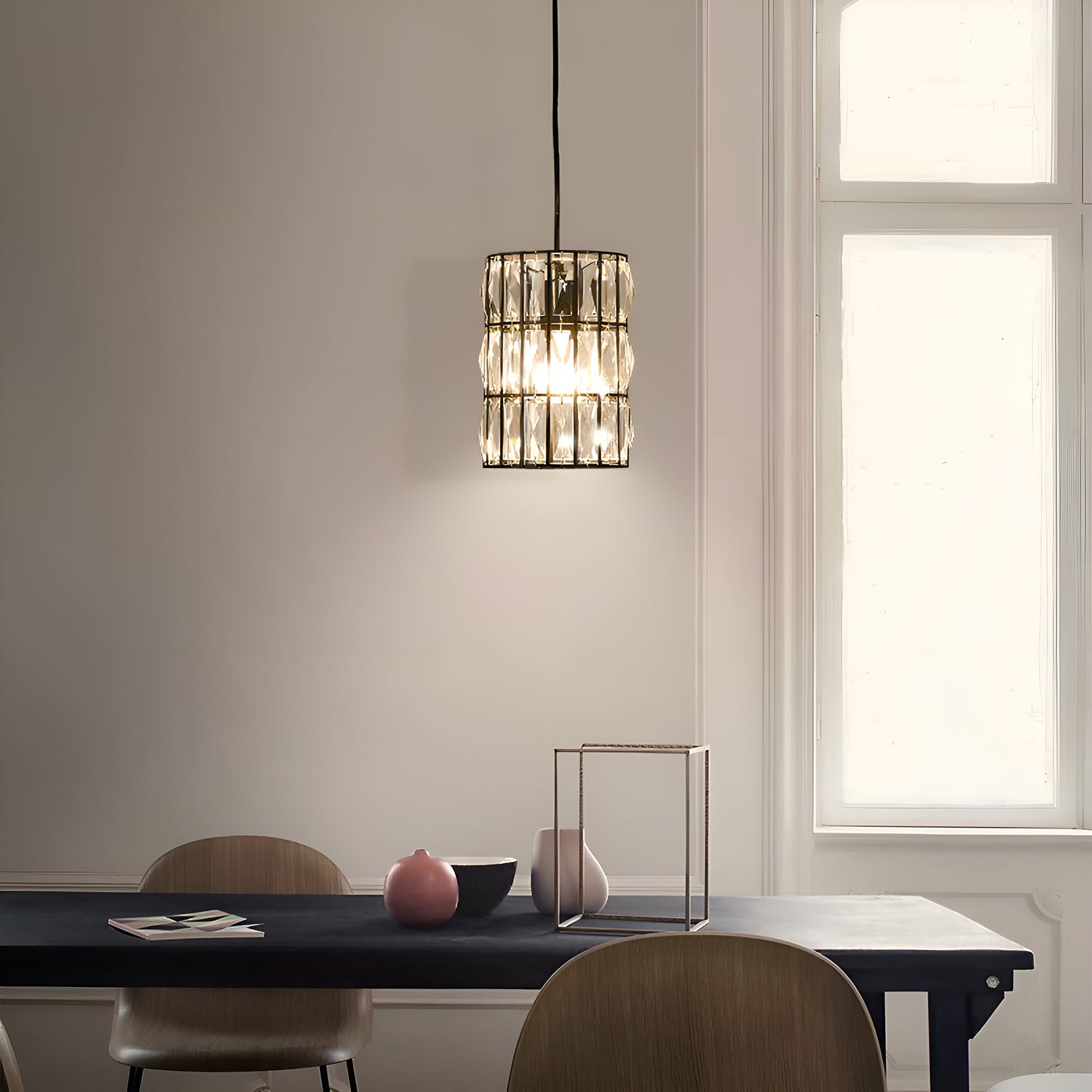 Black Metal Geometric Crystal Pendant Light E12 Candelabra Socket Modern Dining Room Chandelier Adjustable Cord Kitchen Island Bedroom | Thomler