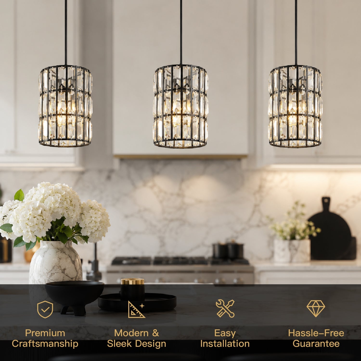 Black Metal Geometric Crystal Pendant Light E12 Candelabra Socket Modern Dining Room Chandelier Adjustable Cord Kitchen Island Bedroom | Thomler