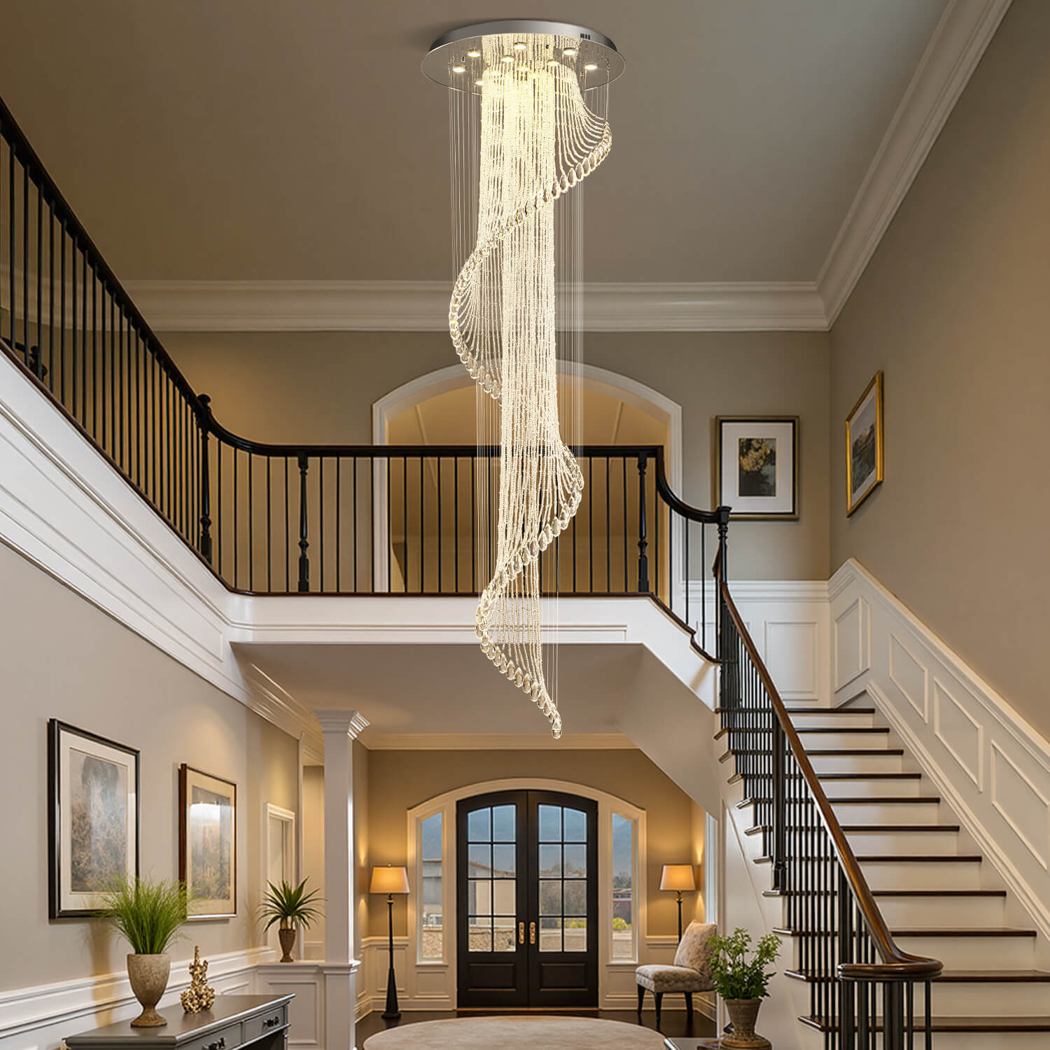 Spiral Crystal Raindrop Chandelier Chrome Finish Contemporary Lighting for Staircase Foyer High Ceiling Entryway Multi-Tier LED Fixture | Thomler