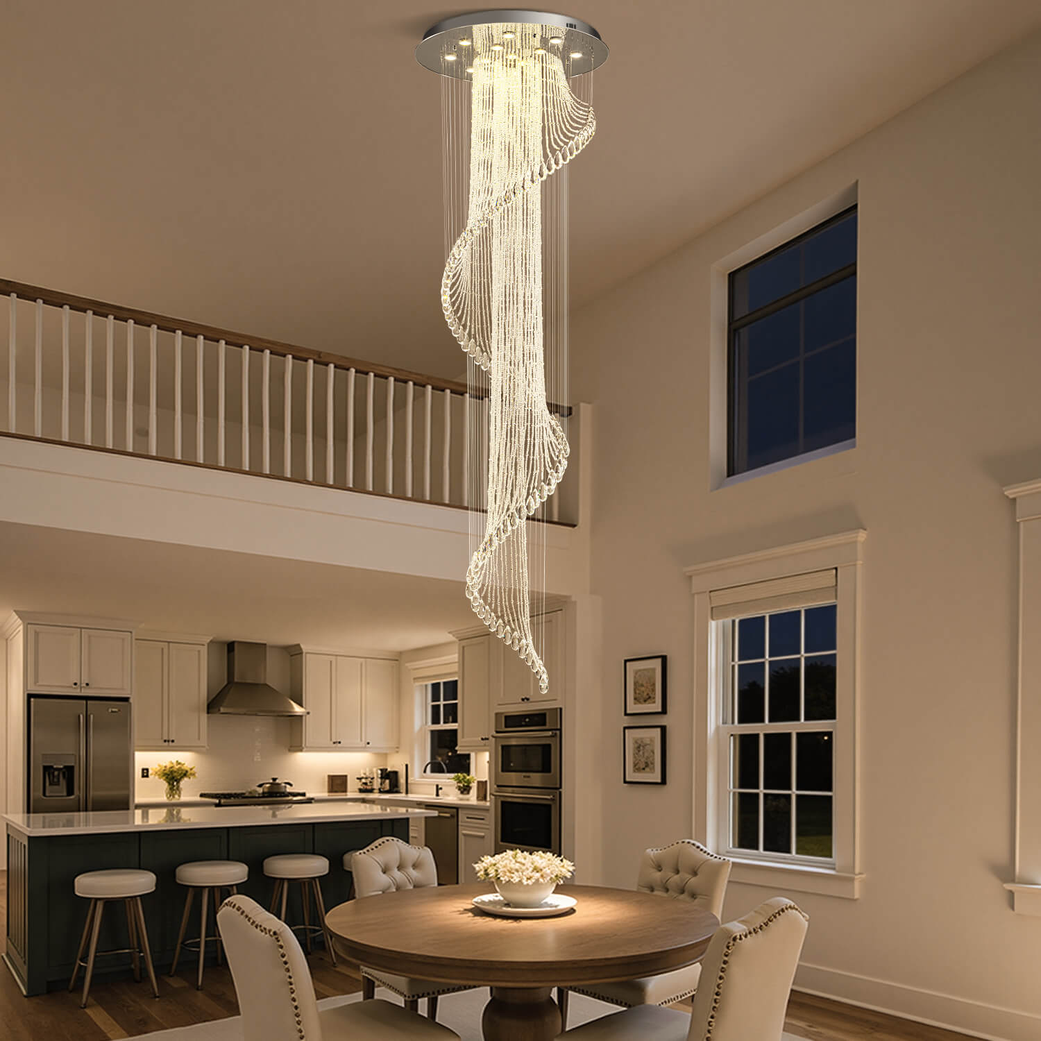 Spiral Crystal Raindrop Chandelier Chrome Finish Contemporary Lighting for Staircase Foyer High Ceiling Entryway Multi-Tier LED Fixture | Thomler