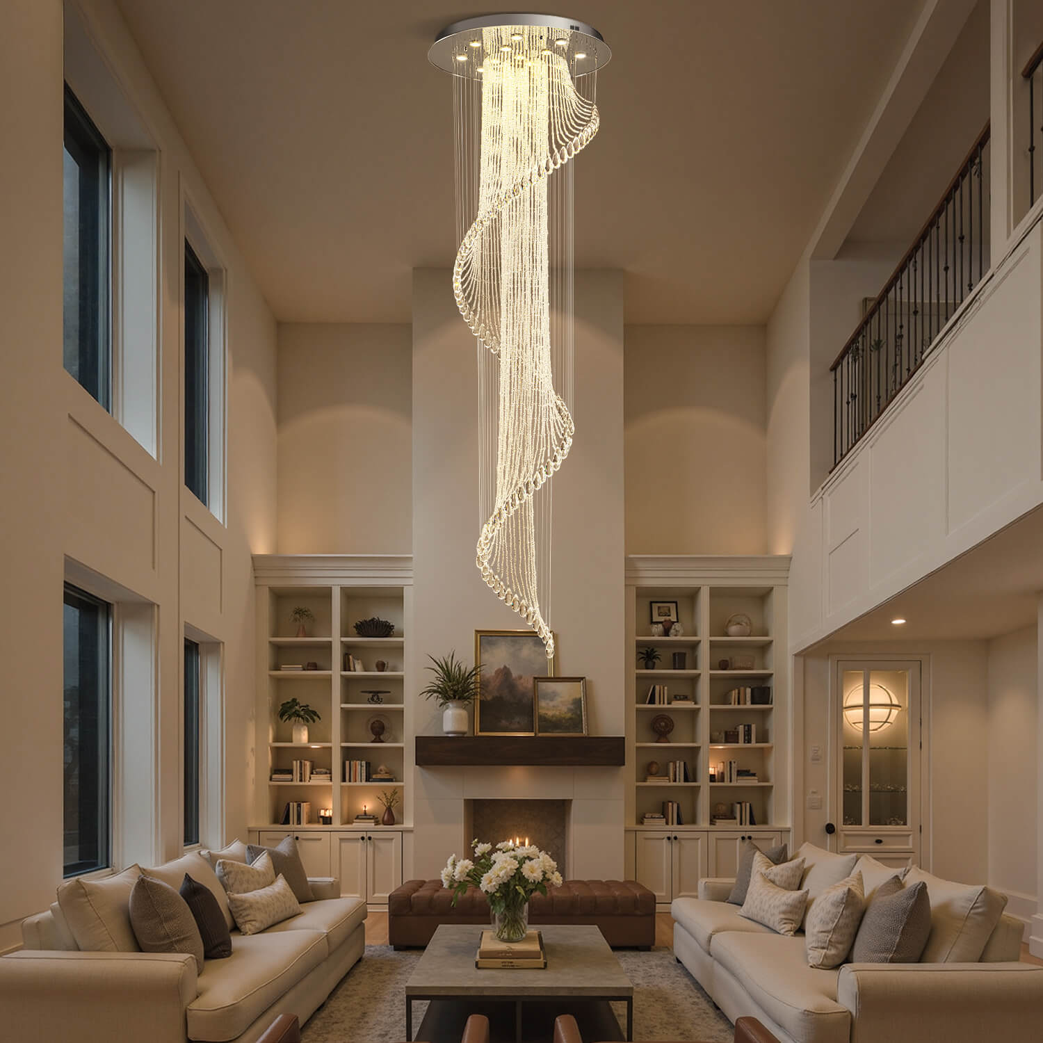 Spiral Crystal Raindrop Chandelier Chrome Finish Contemporary Lighting for Staircase Foyer High Ceiling Entryway Multi-Tier LED Fixture | Thomler