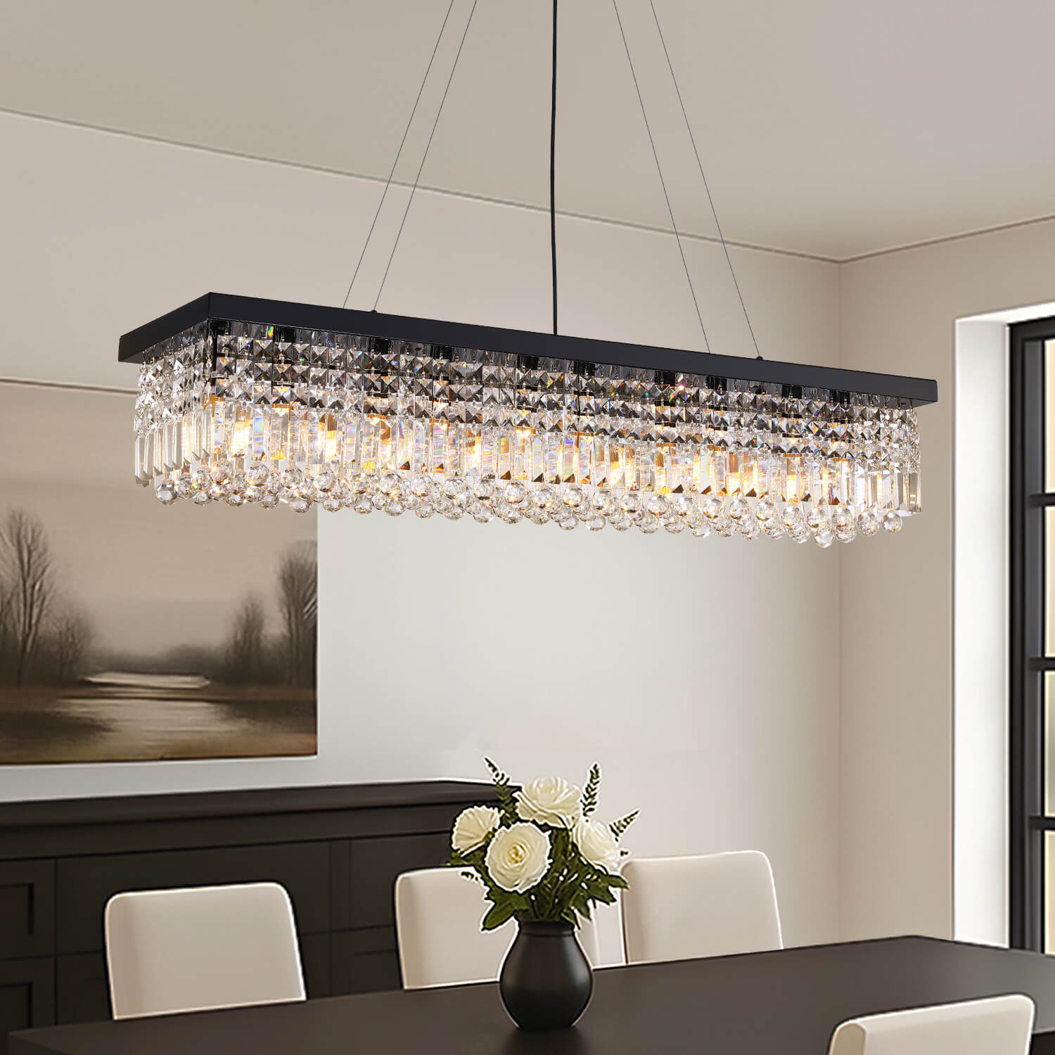 Linear Crystal Chandelier Black Metal Frame Dining Room Kitchen Island Pendant Raindrop E12 Multi-Light Fixture Adjustable Height | Thomler