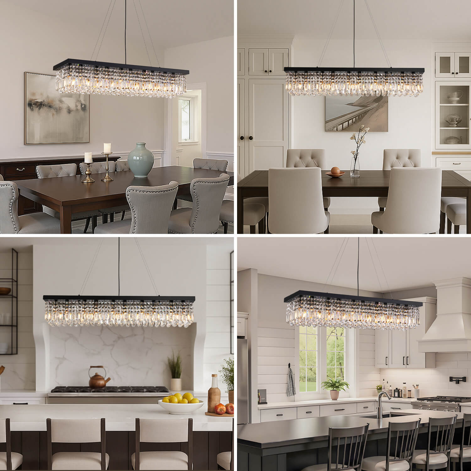 Linear Crystal Chandelier Black Metal Frame Dining Room Kitchen Island Pendant Raindrop E12 Multi-Light Fixture Adjustable Height | Thomler
