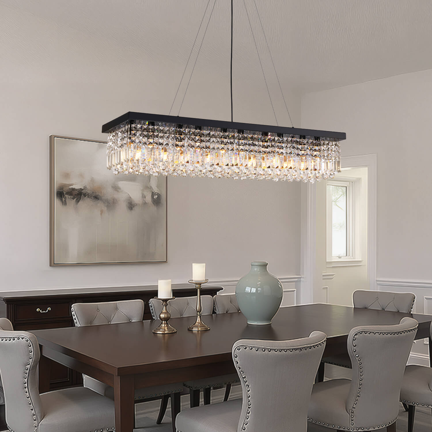 Linear Crystal Chandelier Black Metal Frame Dining Room Kitchen Island Pendant Raindrop E12 Multi-Light Fixture Adjustable Height | Thomler
